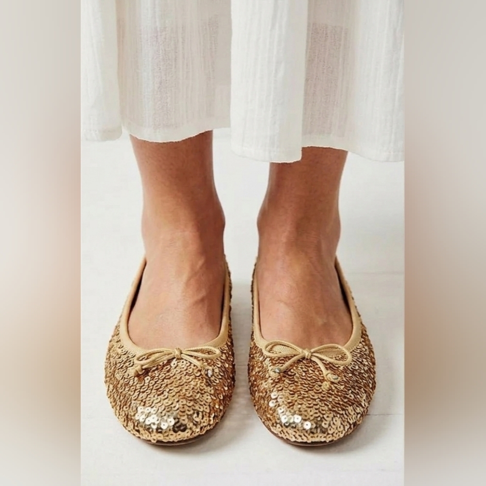 Sz 9 | SAM EDELMAN 'Felicia' Gold Sequin Whimsy Bow Ballet Flats